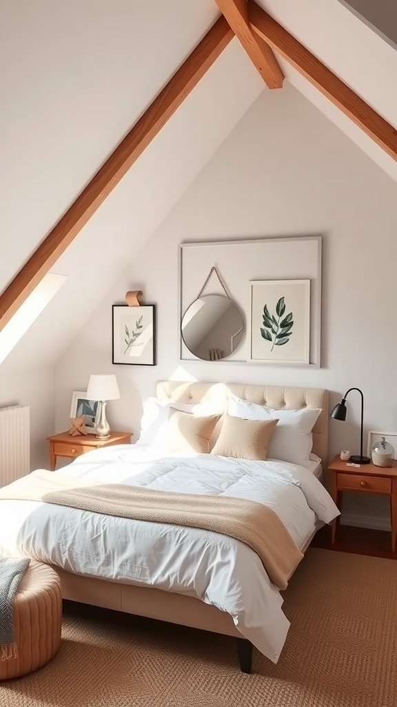 A cozy attic bedroom featuring a bed with soft pillows, a round mirror above, and warm wood accents.
