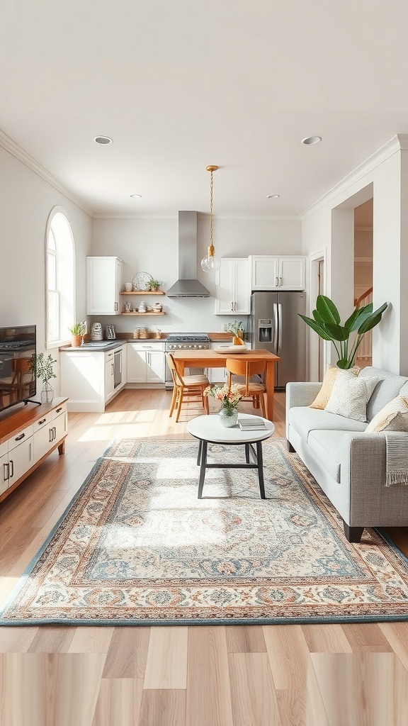 A living and kitchen area showcasing the creative use of rugs to define space.