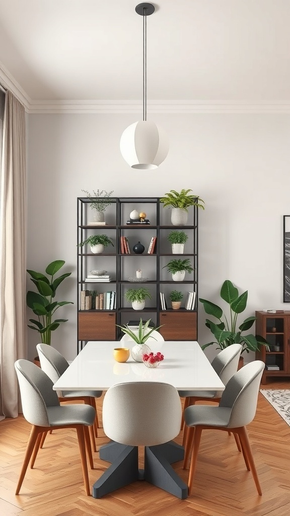 A stylish dining area with a black shelving unit separating it from the living space, showcasing plants and decorative items.