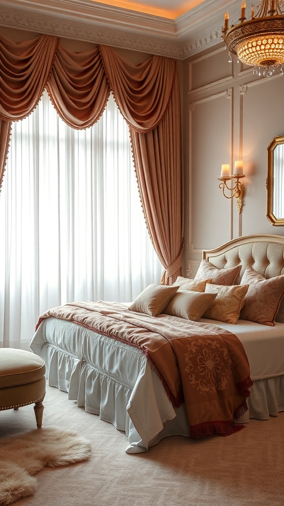 A glam bedroom featuring elegant drapery, a plush bed with decorative pillows, and a warm color palette.