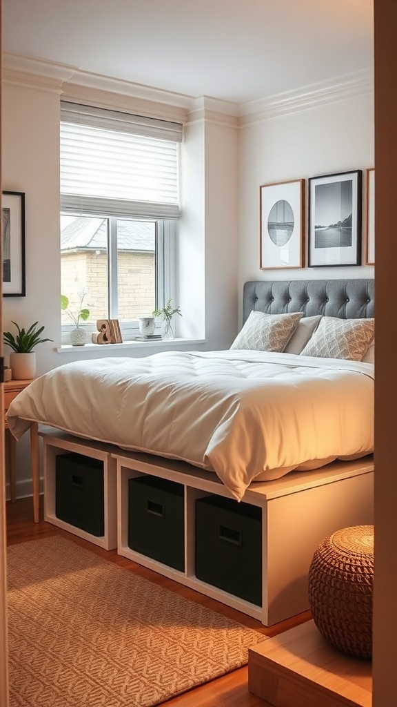 Cozy bedroom with under-bed storage boxes, showcasing creative space-saving ideas.
