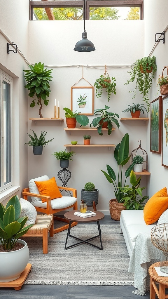 A cozy tiny patio filled with plants, vibrant cushions, and stylish decor.