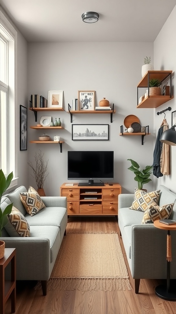 Cozy living room with shelves and two couches