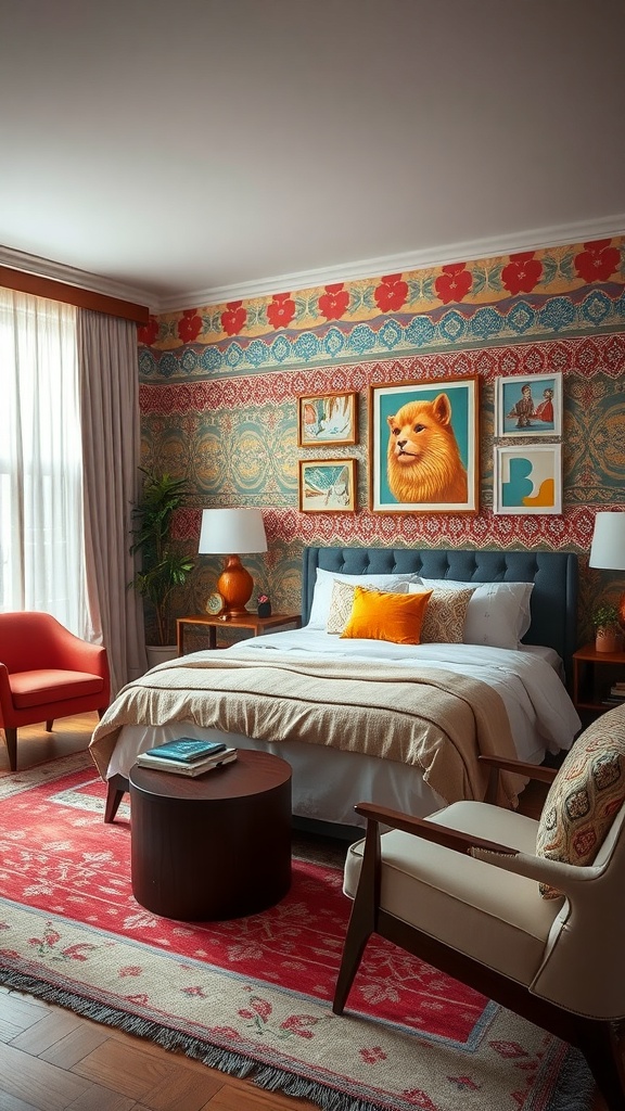 A colorful living room featuring vibrant wallpaper, a cozy bed, and stylish furniture.