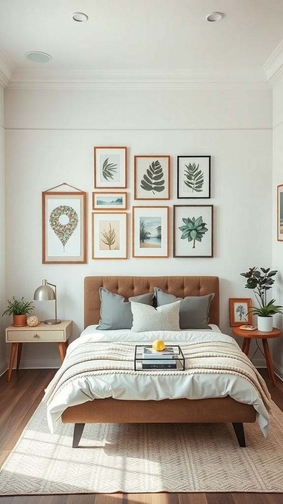A cozy bedroom featuring a bed with decorative pillows and a variety of framed art on the wall.