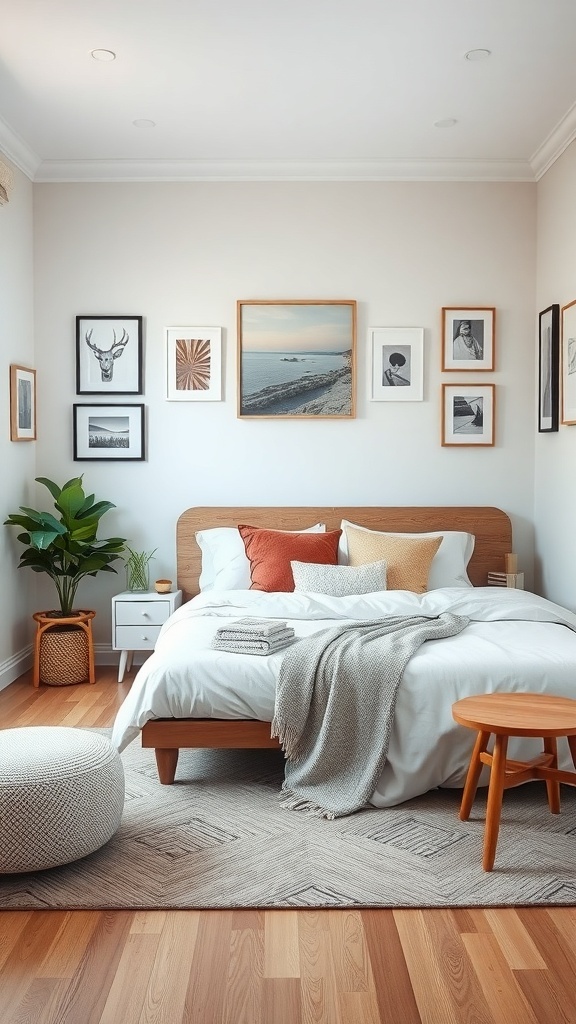 A cozy tiny bedroom featuring a variety of framed wall art and a relaxing atmosphere.