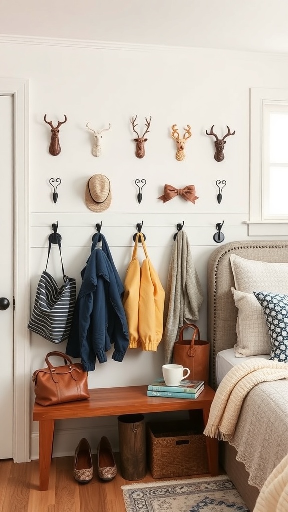A mudroom featuring creative wall hooks and a bench, with decorative elements and organized items.