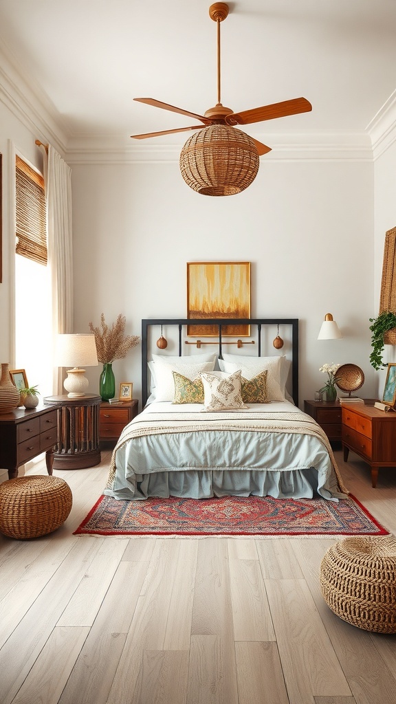 A cozy bedroom featuring a blend of cultural decor elements, including wooden furniture, a rattan ceiling fan, and colorful textiles.