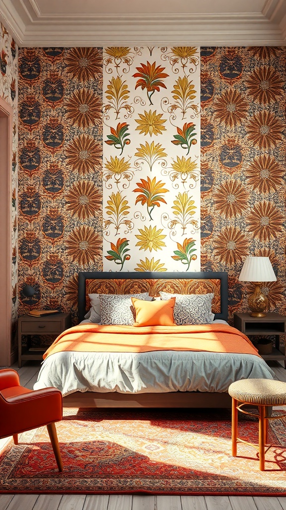 A cozy bedroom with cultural heritage patterns on the walls, featuring floral designs and warm colors.