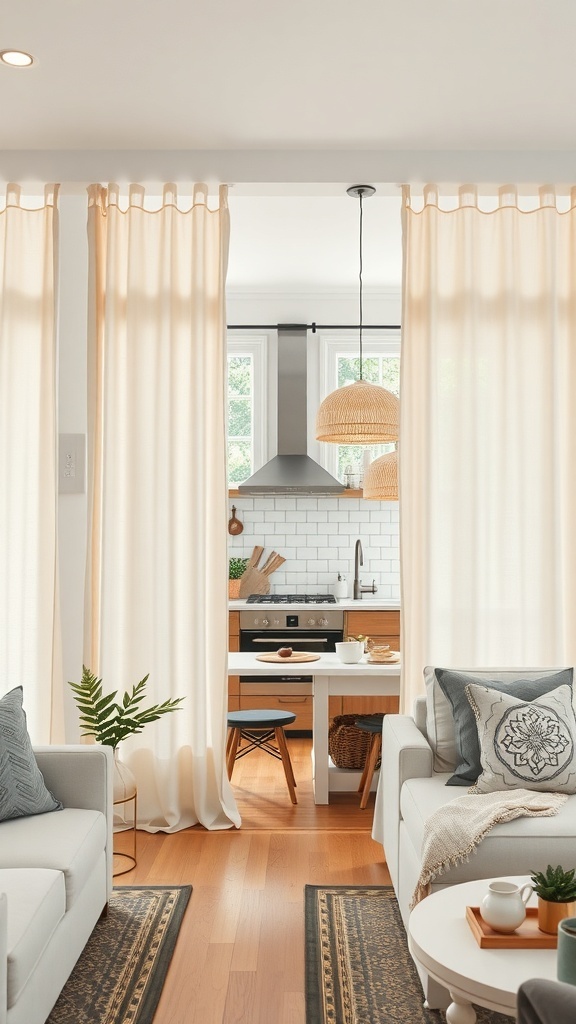A cozy living area with curtain partitions separating the kitchen, featuring light curtains, a modern kitchen, and comfortable sofas.