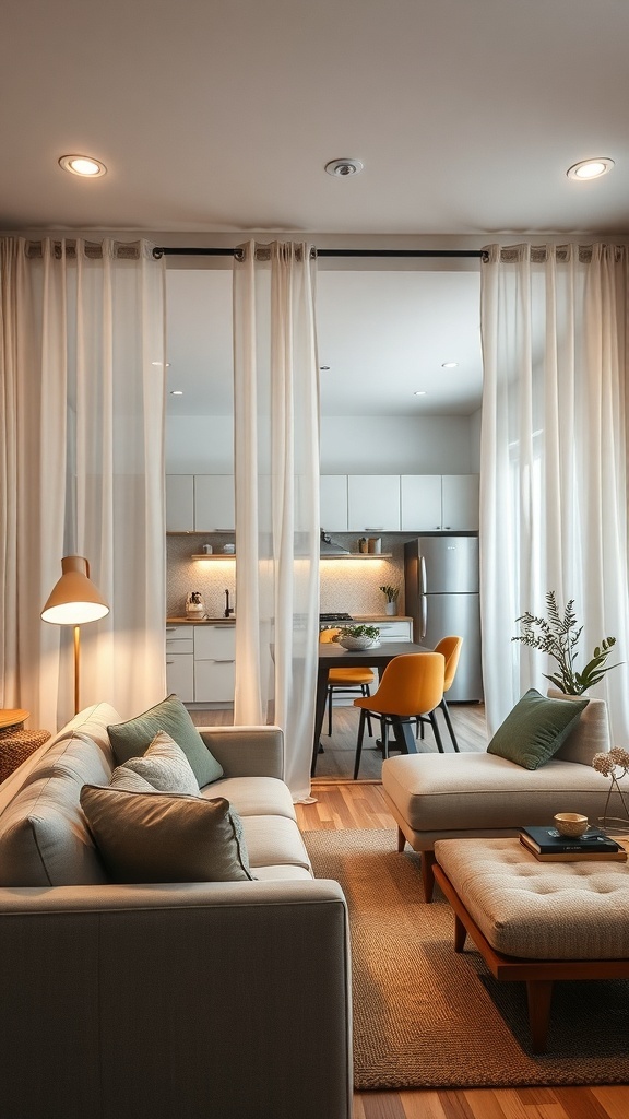 A cozy living area with sheer curtains separating the kitchen, featuring stylish furniture and bright colors.