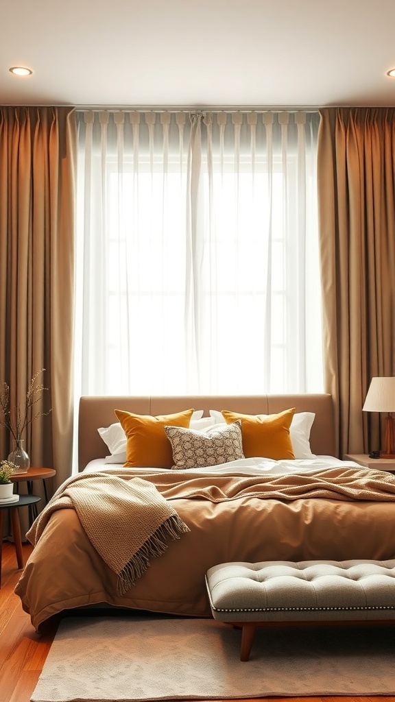 A warm bedroom featuring soft-toned curtains, a cozy bed with decorative pillows, and a stylish bench.
