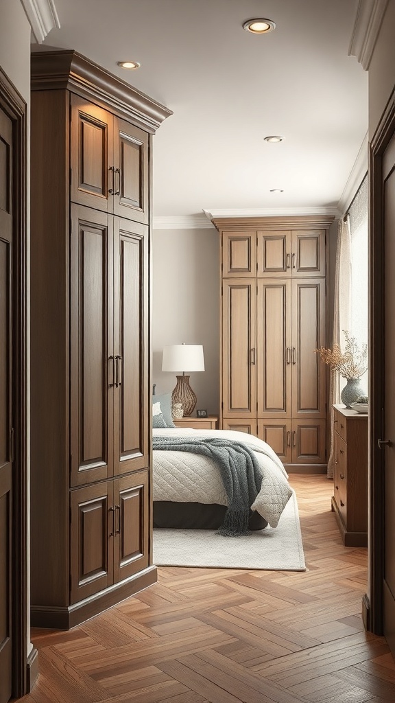 A hallway featuring custom built-in wooden cabinets that serve as partitions, leading to a cozy bedroom.