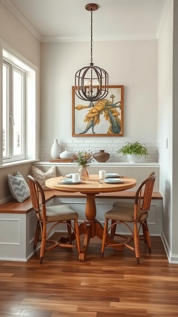 Cozy dining nook featuring a round wooden table and woven chairs with built-in seating and decorative elements.