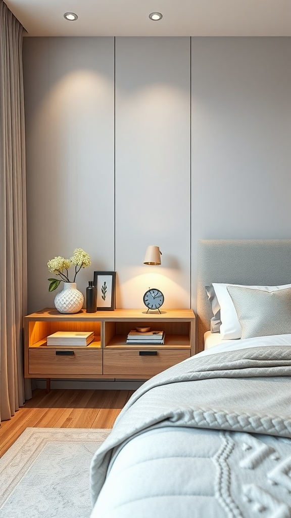 A modern bedroom with a custom built-in nightstand featuring a lamp, clock, and decorative vase.