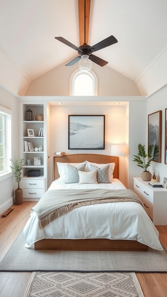 A cozy tiny house bedroom featuring custom built-in storage solutions with shelves beside the bed.