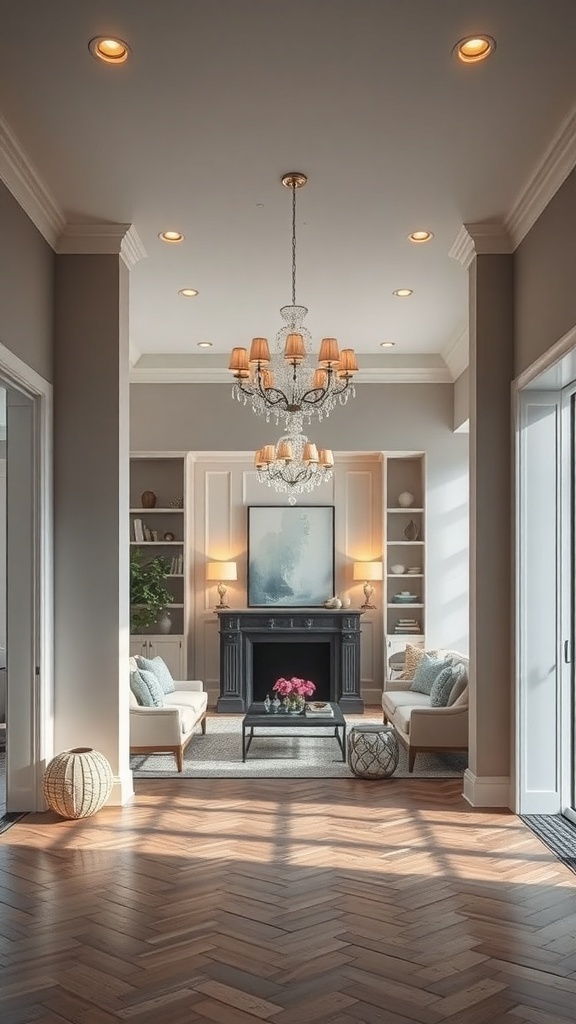 A modern foyer with stylish furniture and custom built partitions