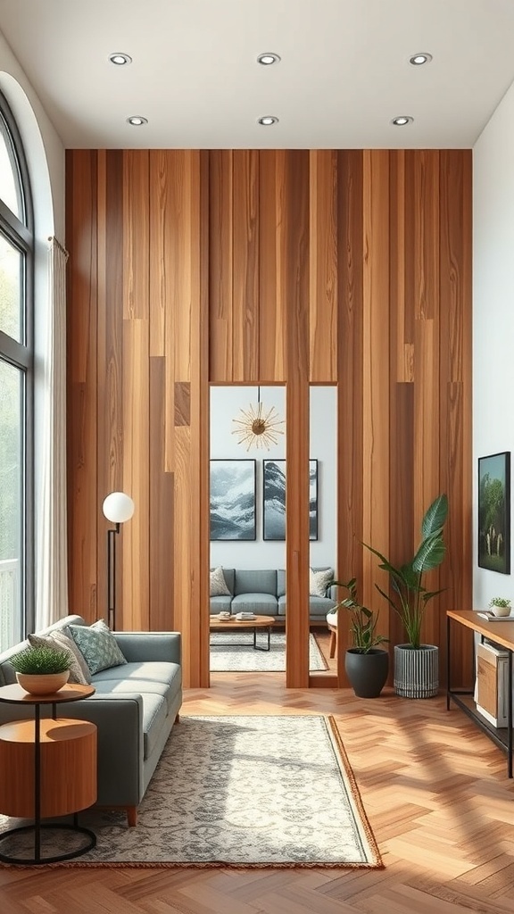 A beautifully designed living space featuring wooden partitions, warm tones, and stylish decor.