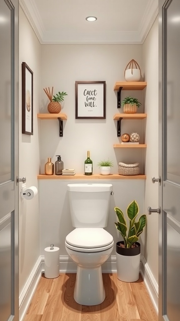 A stylish tiny toilet room with wooden shelves, plants, and decorative items.