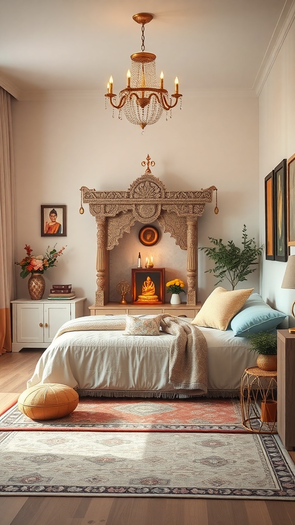 A cozy room featuring a beautifully designed mandir with intricate carvings, warm lighting, and decorative elements.