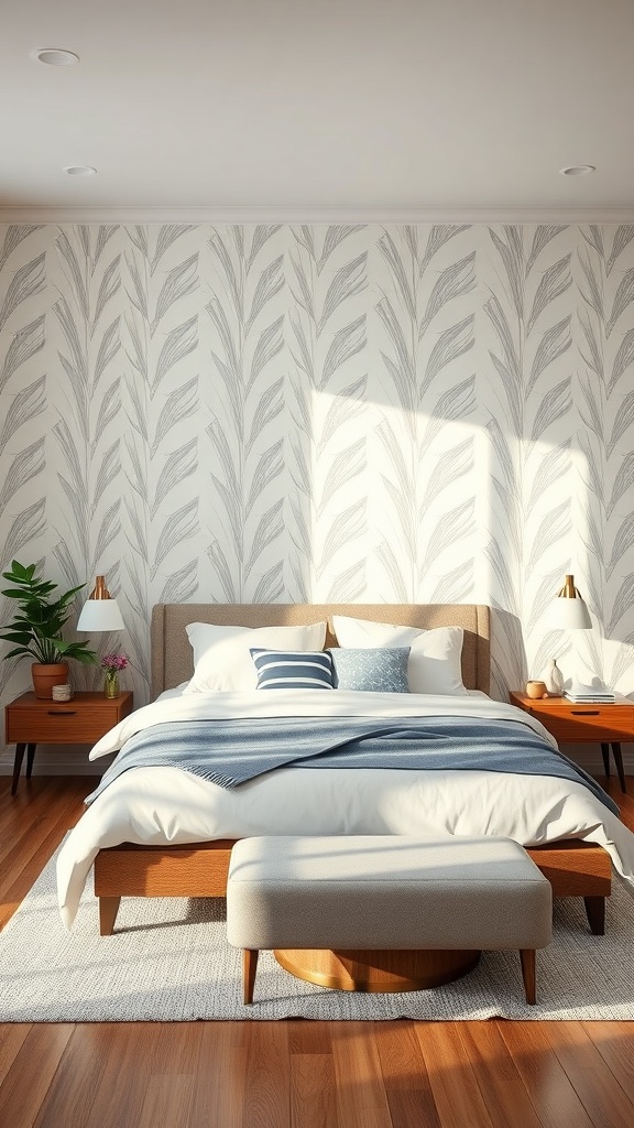 A cozy bedroom with leaf-patterned peel-and-stick wallpaper, wooden furniture, and soft textiles.