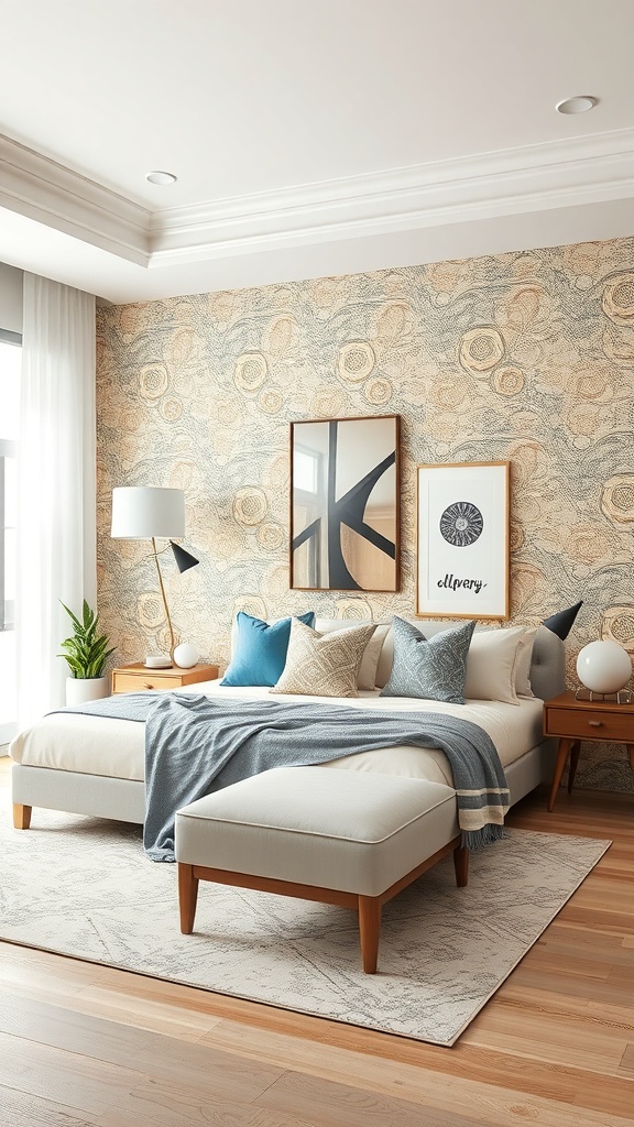 A cozy living room with a patterned peel and stick wallpaper, showcasing a bed, decorative pillows, and stylish decor.