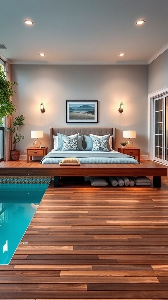 A stylish wooden deck surrounding an above ground pool, featuring built-in storage solutions.