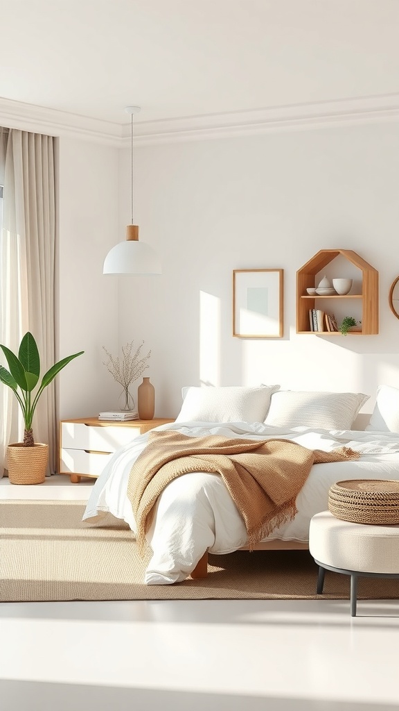 A minimalist bedroom featuring a bed with a cozy blanket, natural light, and simple decor.