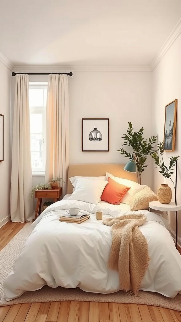 Cozy, minimalist tiny bedroom with a bed, plants, and natural light.