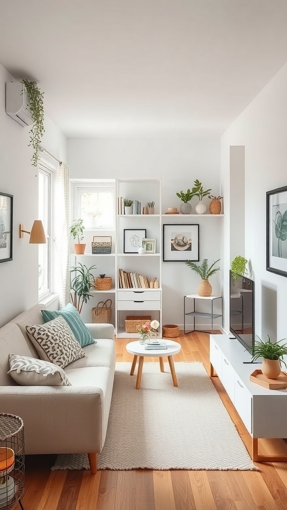 A cozy living room in a tiny apartment, featuring a minimalist design with plenty of plants and smart storage solutions.