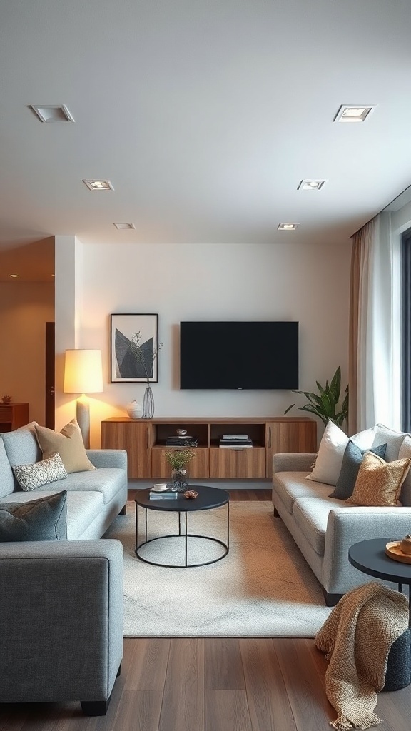 A stylish small living room featuring grey sofas, a coffee table, a wooden media cabinet, and wall art.