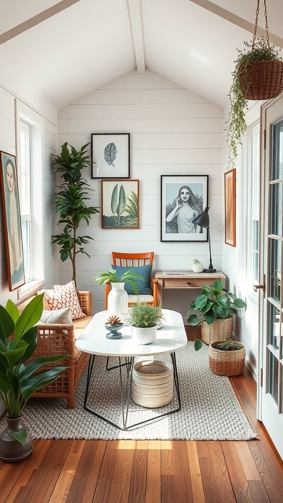 Cozy corner of a tiny house with plants, artwork, and a comfortable sofa.