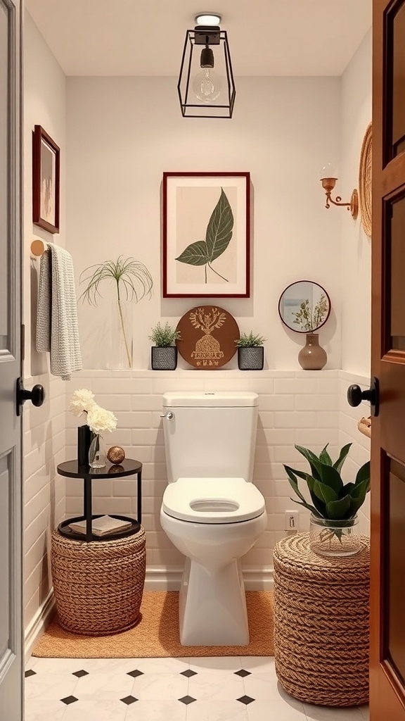 A cozy and stylish small bathroom featuring a modern toilet, decorative elements, plants, and efficient storage solutions.