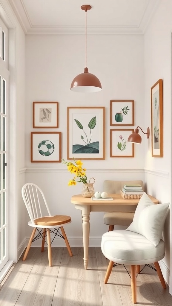 Cozy breakfast nook with framed wall art and wooden furniture