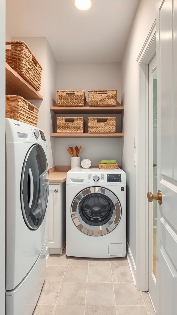 A narrow laundry room with two washing machines and decorative woven baskets on shelves.