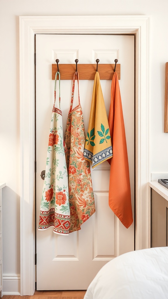 A wooden hook rack on a pantry door displaying colorful aprons and towels.
