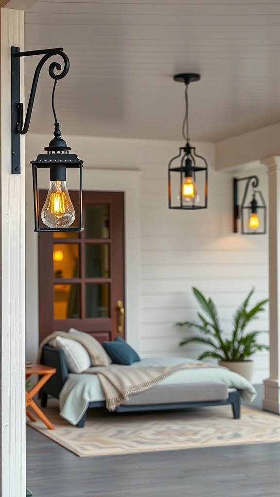 Cozy porch with black lantern-style light fixtures and a comfortable seating area