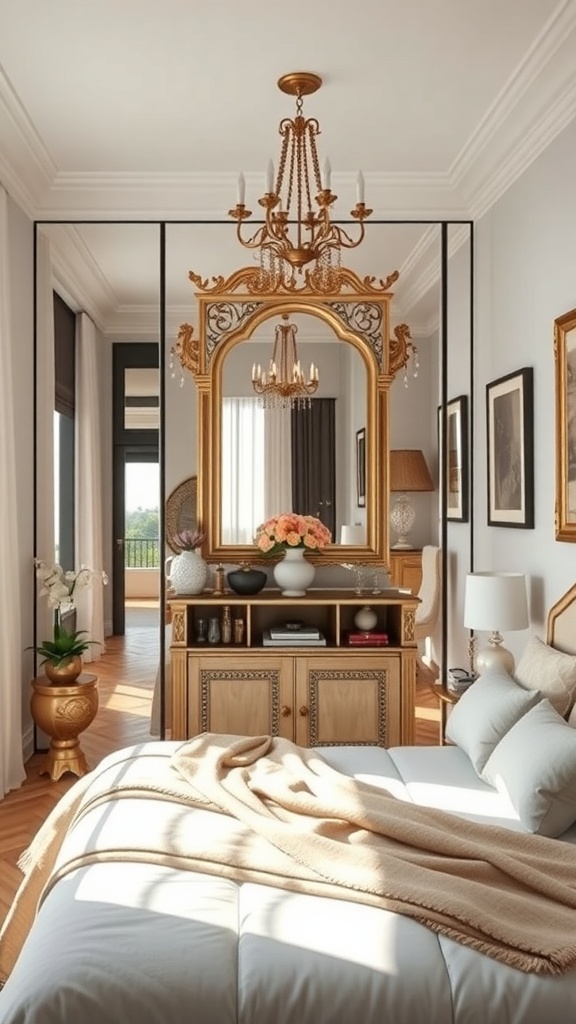 A decorative mandir setup featuring a large mirror, elegant furniture, and soft lighting in a cozy room.