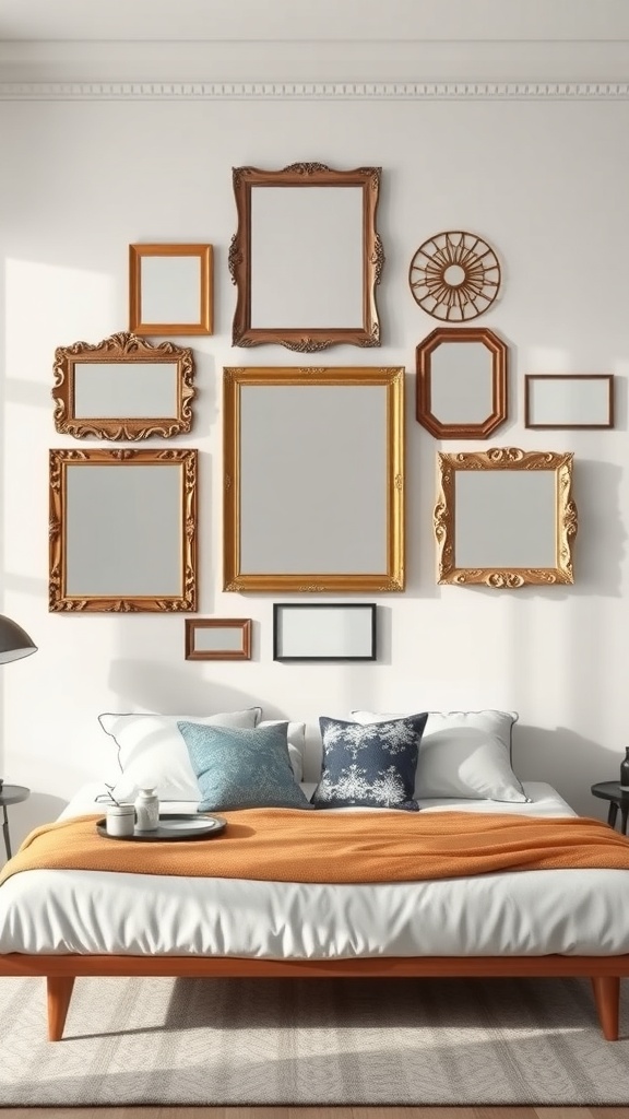 A collection of decorative mirror frames in various styles and sizes arranged on a wall above a bed.