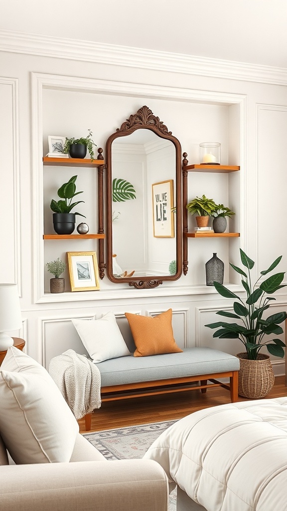 A living room featuring a decorative mirror with shelves, adorned with plants and decorative items.