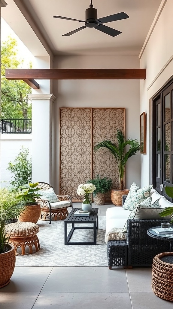 A cozy tiny patio featuring decorative screens, patio furniture, and plants.