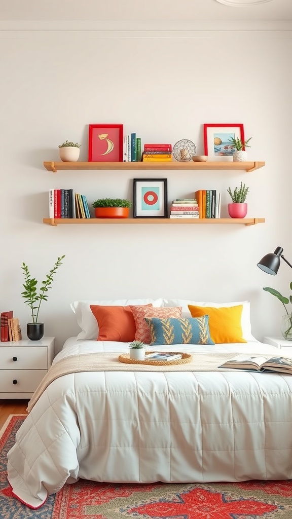 Colorful wall shelves with books, plants, and decorative items in a living room