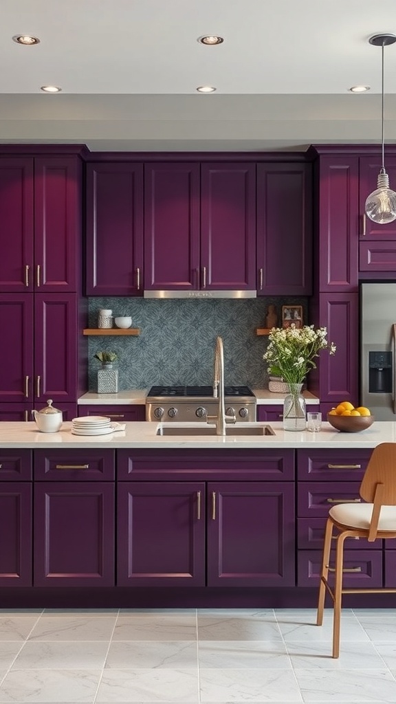 A modern kitchen featuring deep purple cabinets and silver accents.