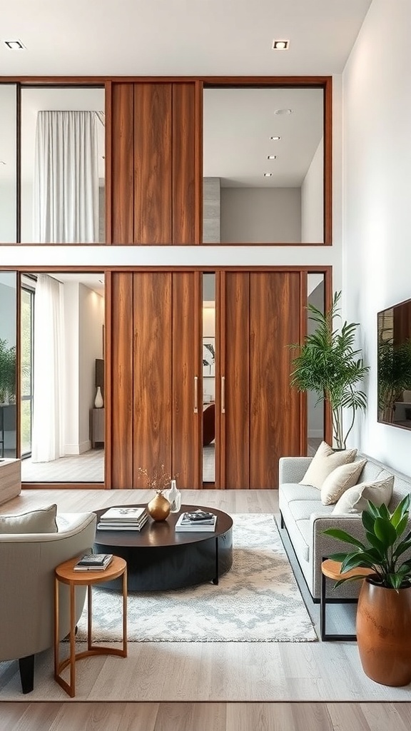 A modern living room with wooden sliding partitions, showcasing an elegant design with plants and a contemporary style.