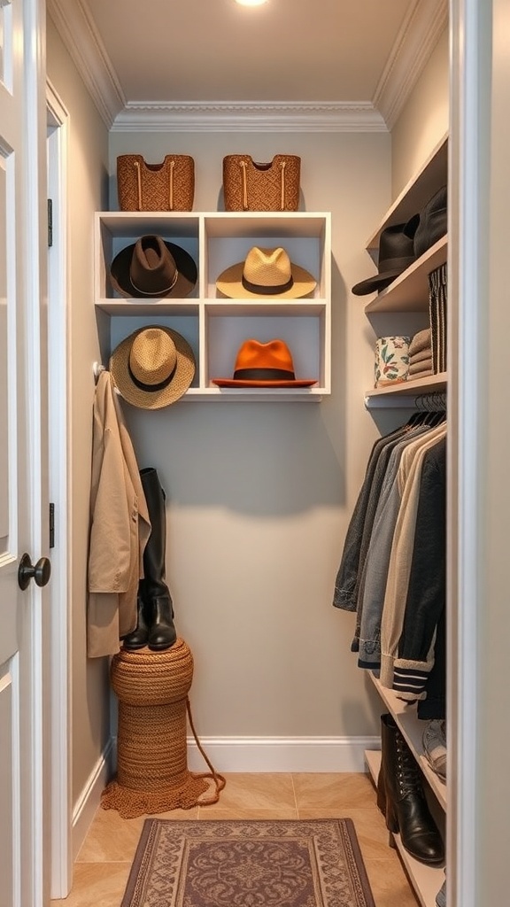 A narrow walk-in closet featuring a chic hat display with hats on shelves and decorative baskets.