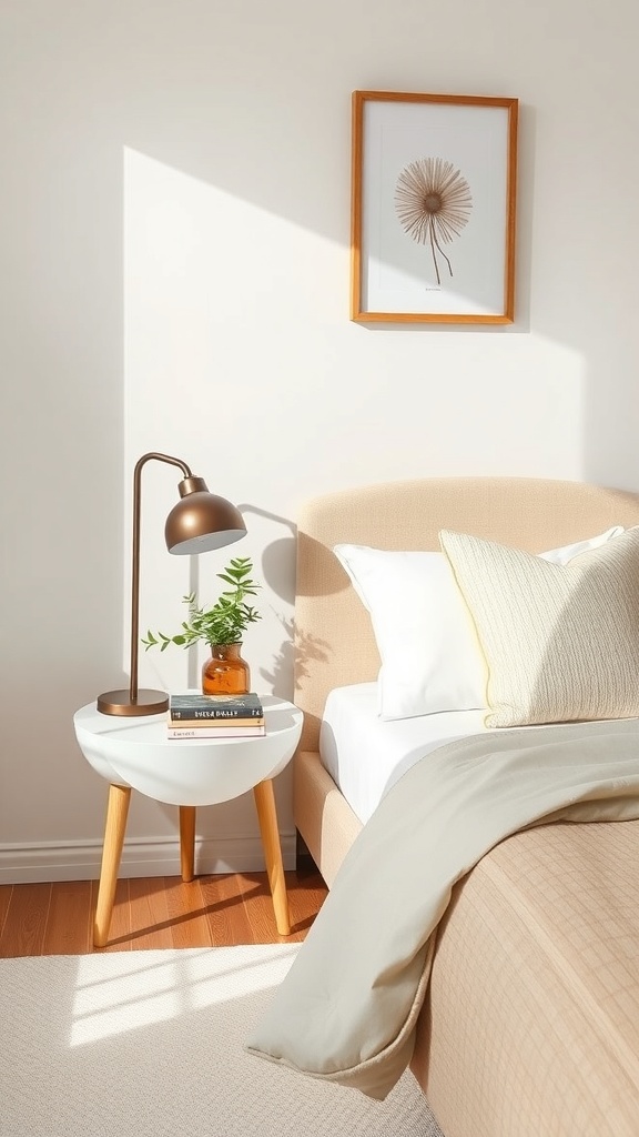 A cozy bedside setup featuring a lamp, plant, and books on a white table beside a bed.