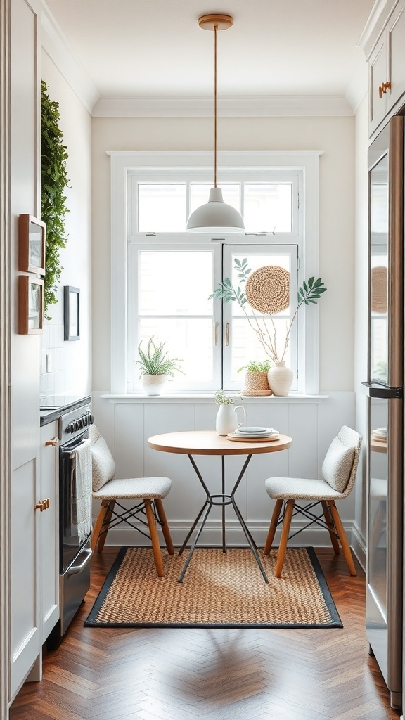 A small breakfast nook in a kitchen, featuring a round table, two chairs, and plants near the window.