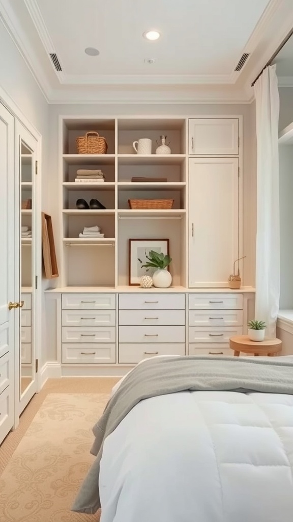 A well-organized built-in closet with shelves, drawers, and decorative elements.