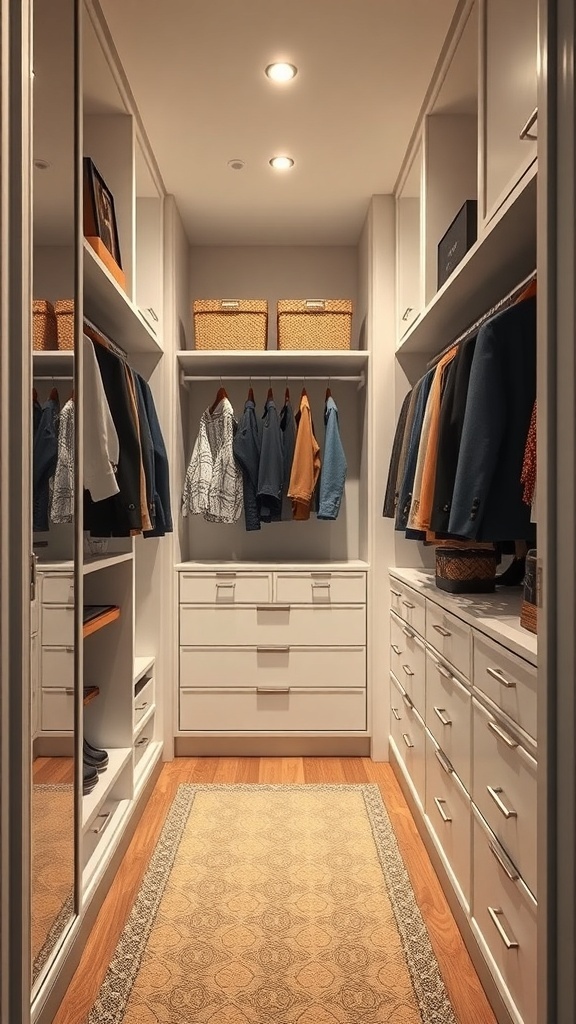 A narrow walk-in closet featuring a custom built-in unit with shelves, drawers, and hanging spaces.