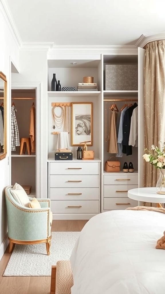 A small walk-in closet featuring organized shelves, hooks for jewelry, a chair, and decorative boxes.
